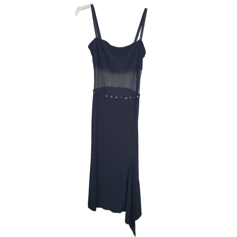 Jessica McClintock Black Mesh Midriff Asymmetric Hem Knit Midi Dress Size 8
